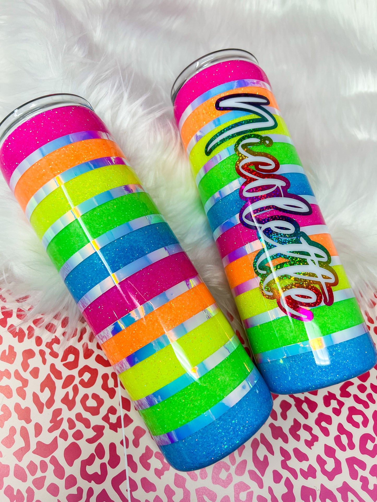 Neon Rainbow Stripes Glitter Tumbler