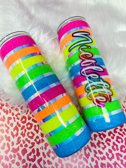 Neon Rainbow Stripes Glitter Tumbler