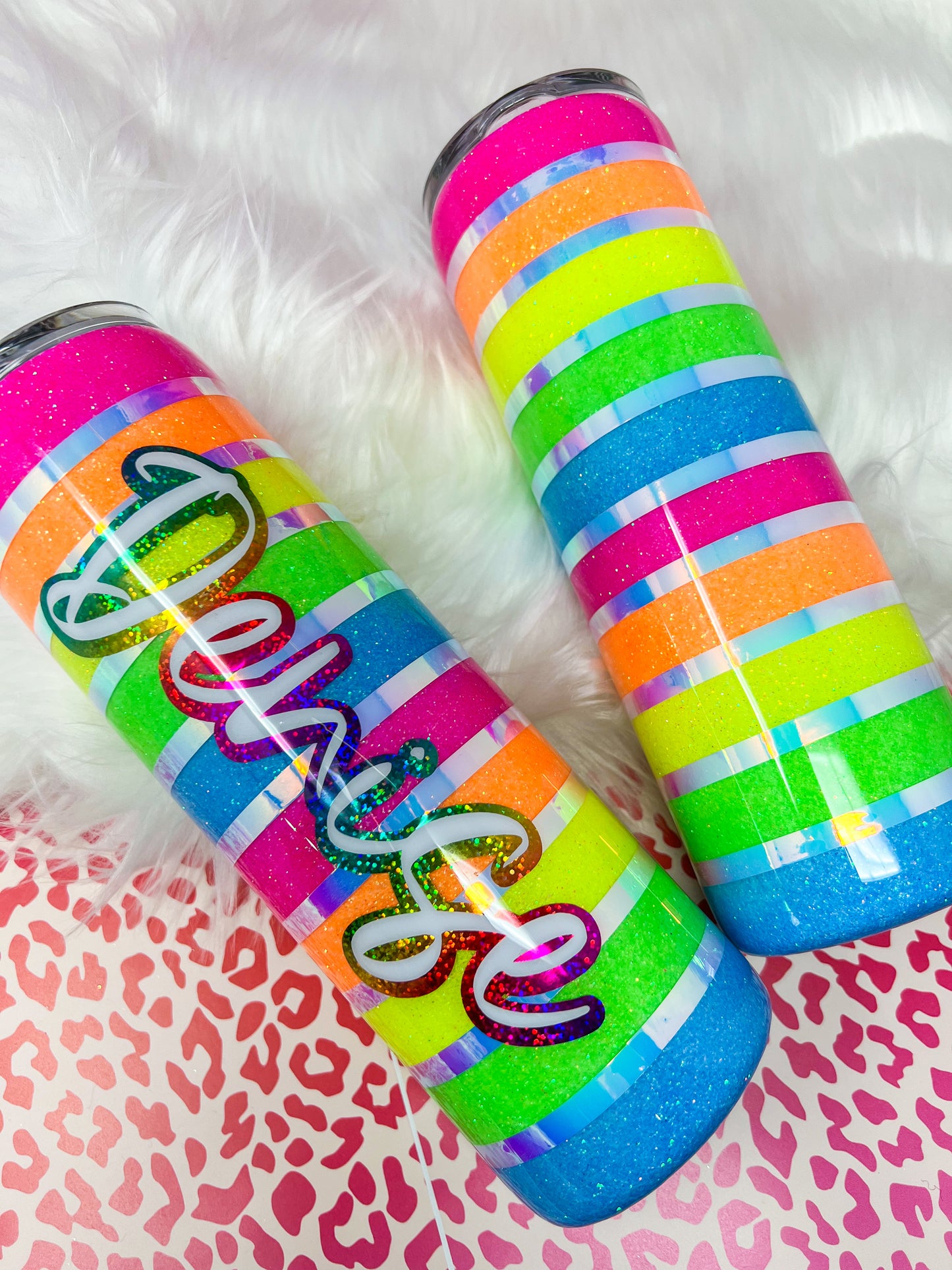 Neon Rainbow Stripes Glitter Tumbler