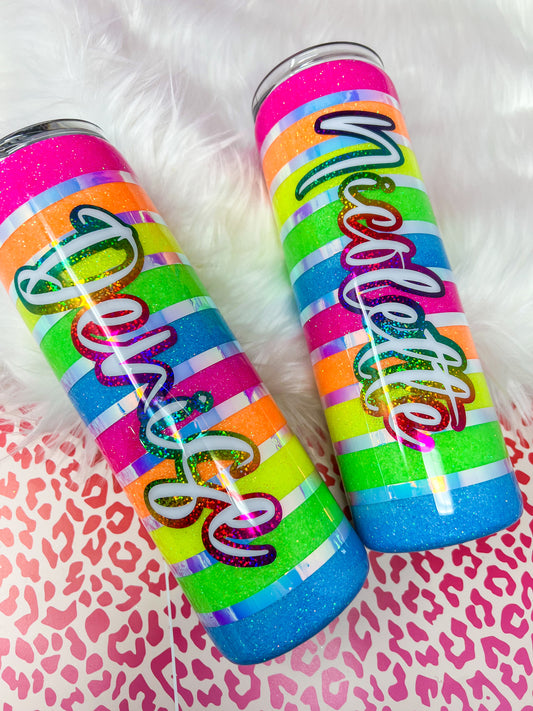 Neon Rainbow Stripes Glitter Tumbler