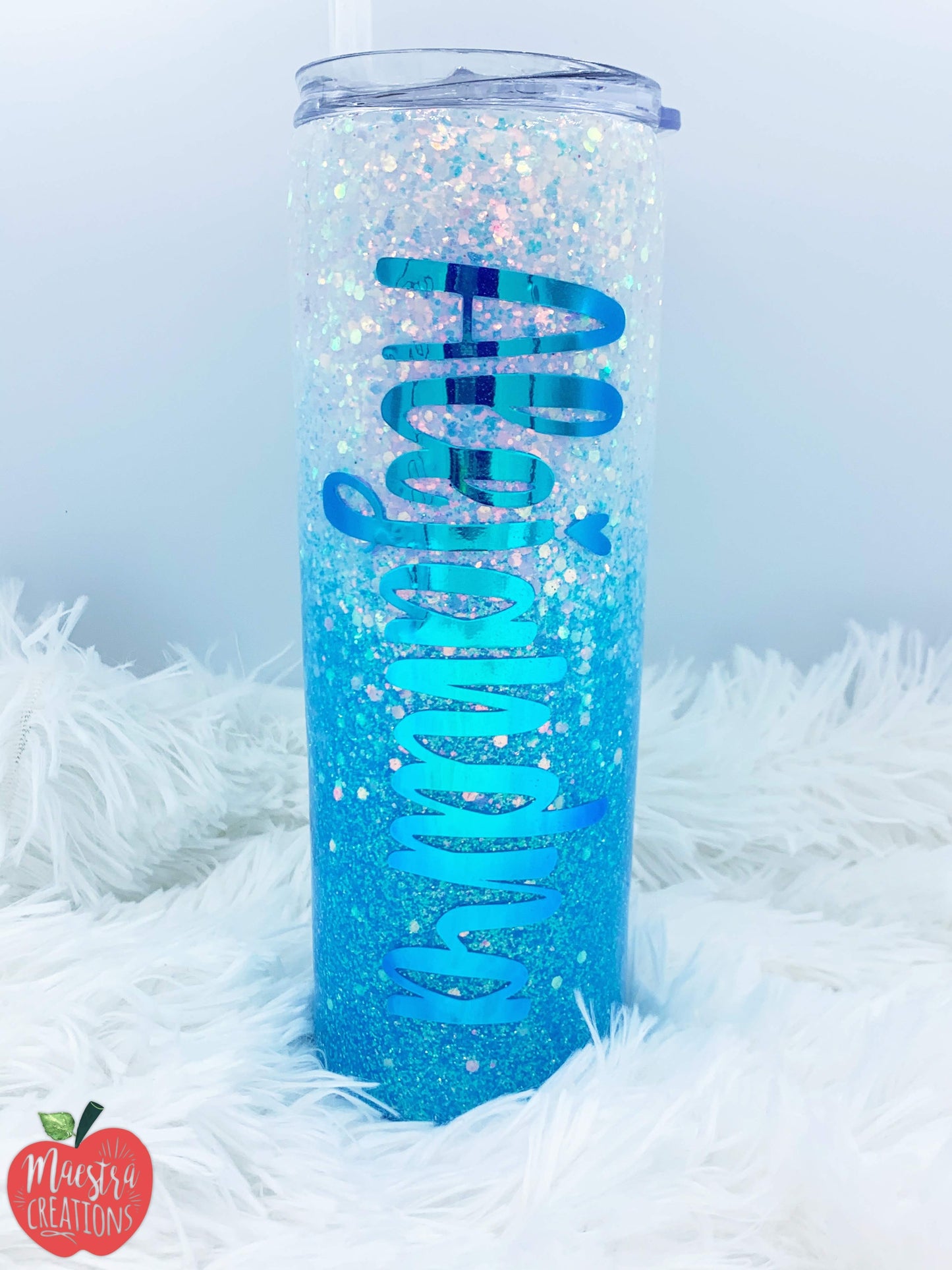 White and blue Glitter Tumbler