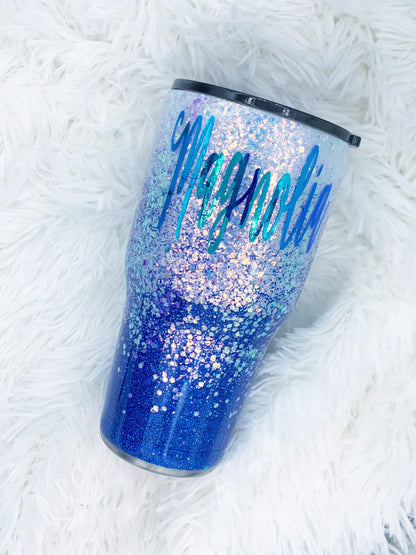 White and Blue Glitter Tumbler