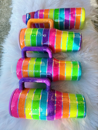 Neon Rainbow Stripes Glitter Tumbler