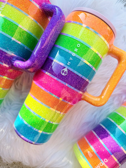 Neon Rainbow Stripes Glitter Tumbler