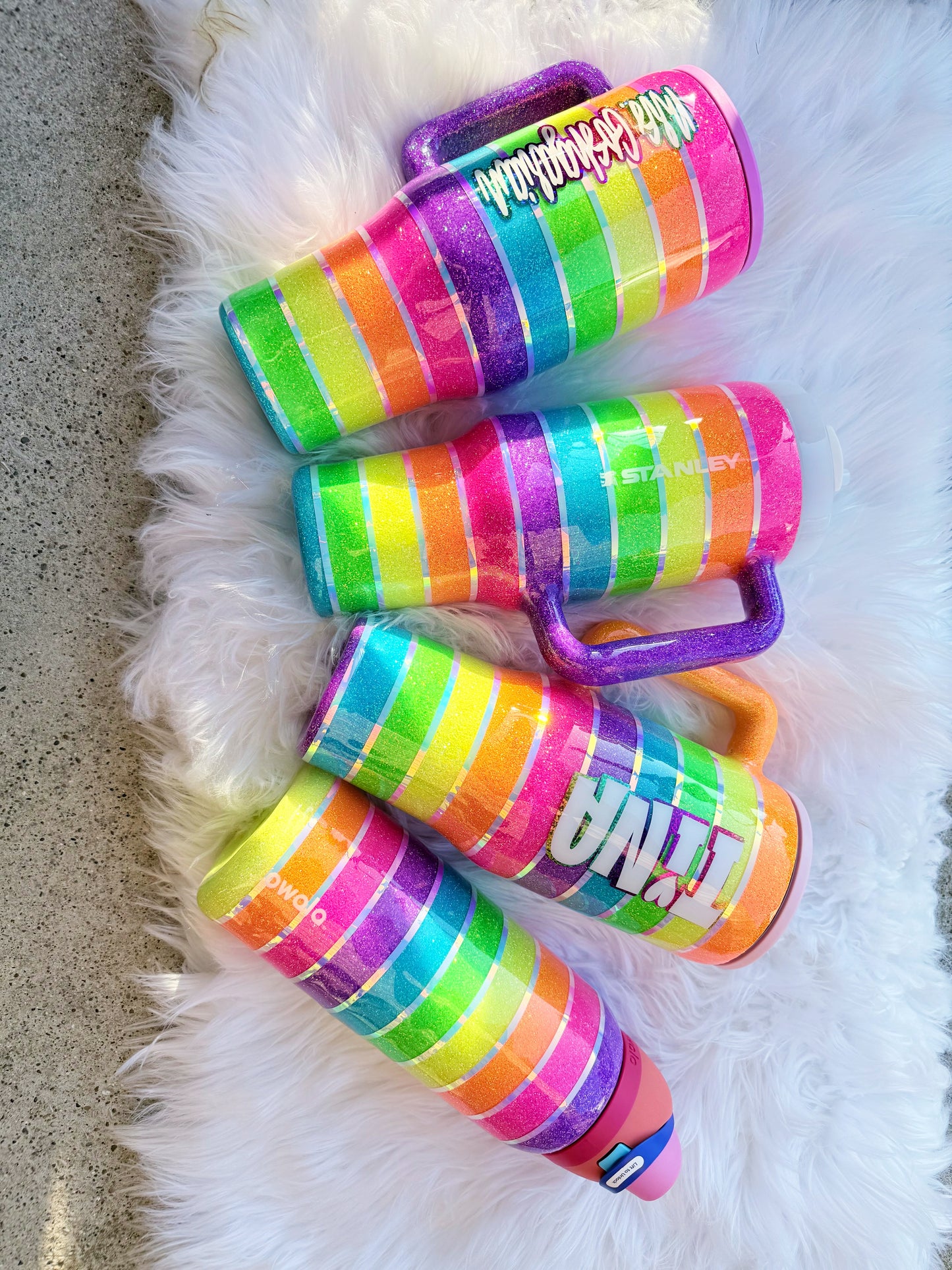 Neon Rainbow Stripes Glitter Tumbler
