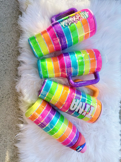 Neon Rainbow Stripes Glitter Tumbler