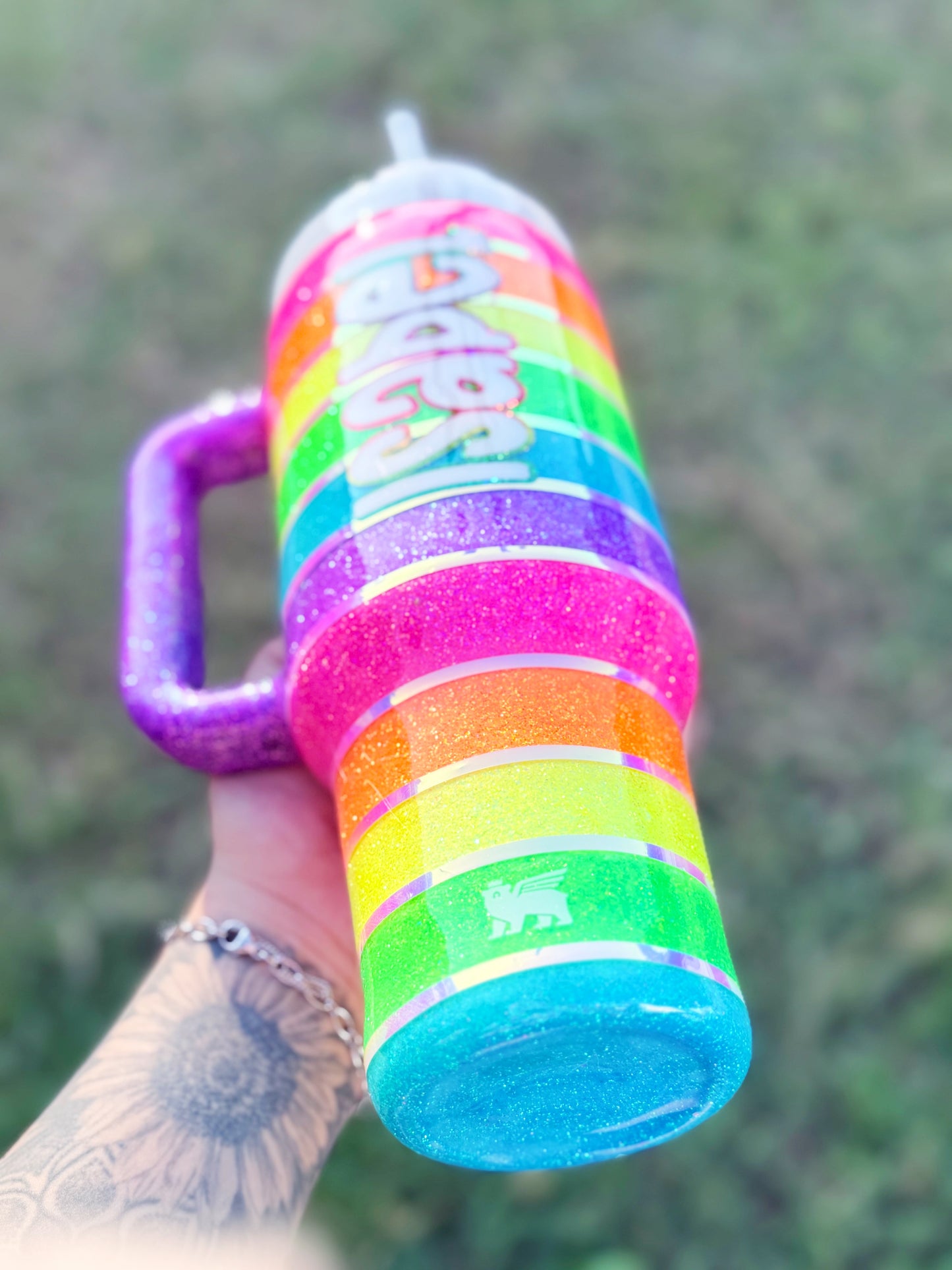 Neon Rainbow Stripes Glitter Tumbler
