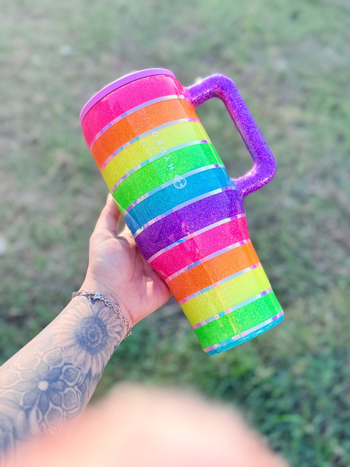 Neon Rainbow Stripes Glitter Tumbler