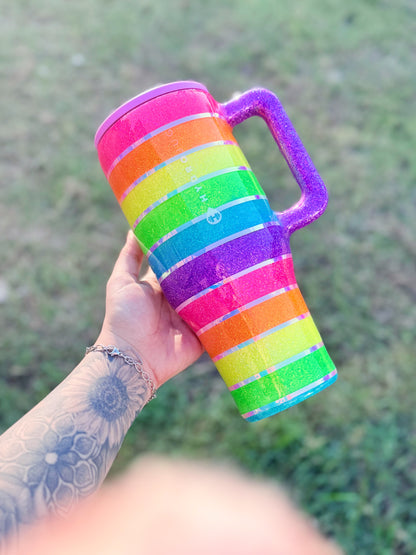 Neon Rainbow Stripes Glitter Tumbler